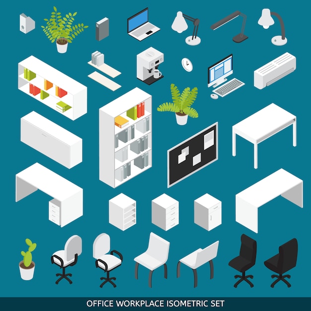 Free vector isometric office workplace set for scene creator. with attributes and office furniture for the organization of  workplace