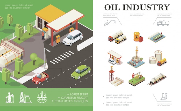 Изометрическая композиция для нефтедобывающей промышленности с автомобилями на автозаправочных станциях. Автоцистерны. Водонапорная платформа. Буровая вышка. Бочки. Бочки. Баки. Баки.