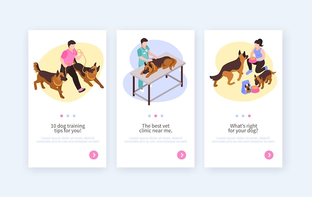 Isometric one day dog vertical banners with switch page buttons illustration