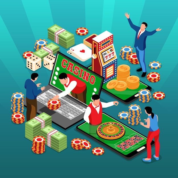 Isometric online casino square composition with human characters stacks of money chips cards and electronic devices illustration