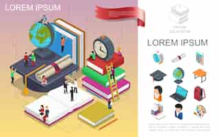 Free vector isometric online education concept with people in learning process globe books alarm clock certificate table backpack painting palette graduation cap  illustration