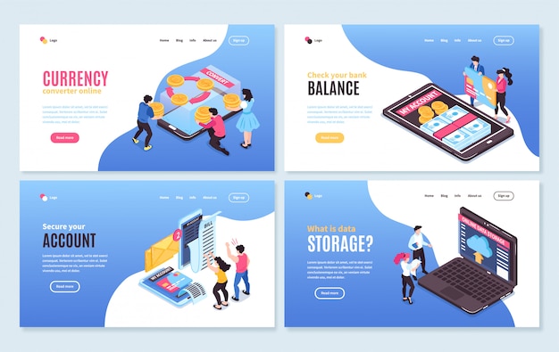 Isometric online mobile banking horizontal banners set with conceptual images of people smartphones and editable text