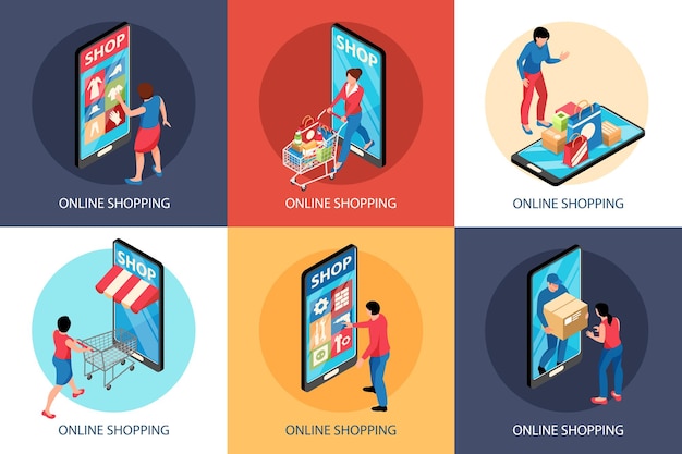 Isometric online shopping illustration concept with square compositions of smartphones shop fronts and carts with people