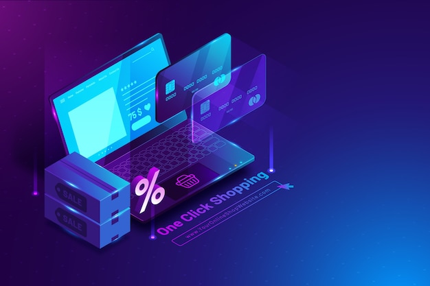 Isometric online shopping with laptop