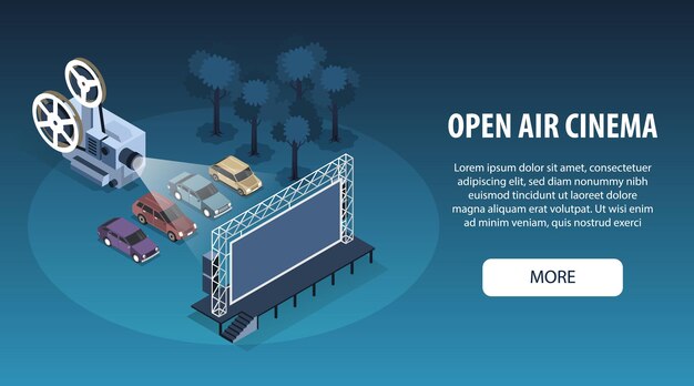 Isometric open air cinema horizontal banner illustration