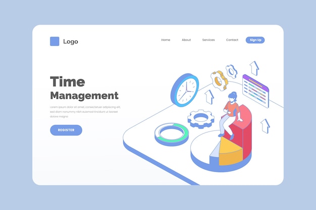 Isometric outline time management landing page template