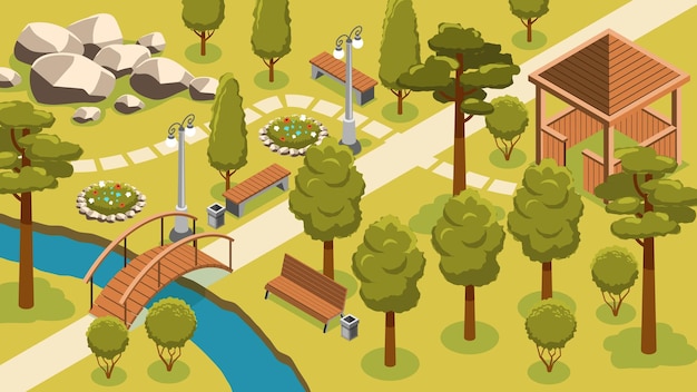 Isometric park landscape composition with view of modern city park scenery with summerhouse bridge and benches vector illustration