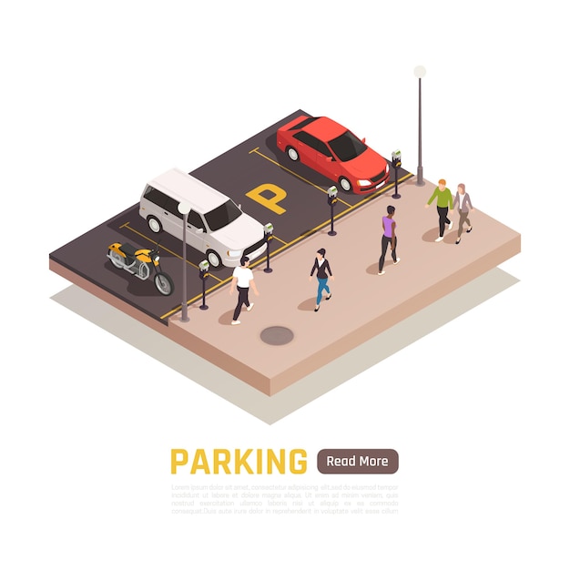 Isometric parking lots and people walking banner template