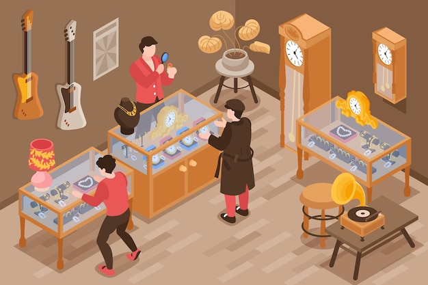 Isometric pawn shop with visitors and jewelry expert