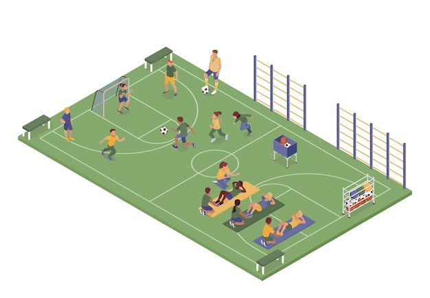 Free vector isometric pe lesson composition with isolated view of sport soccer field with children performing physical exercises vector illustration