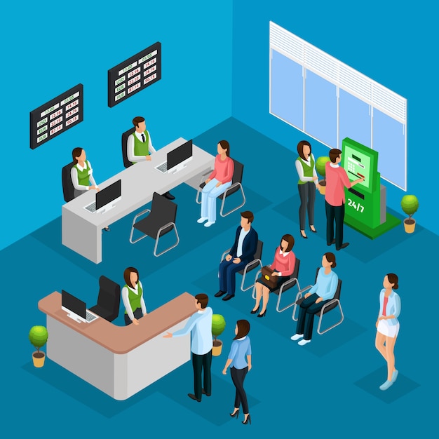 Isometric people in bank office concept