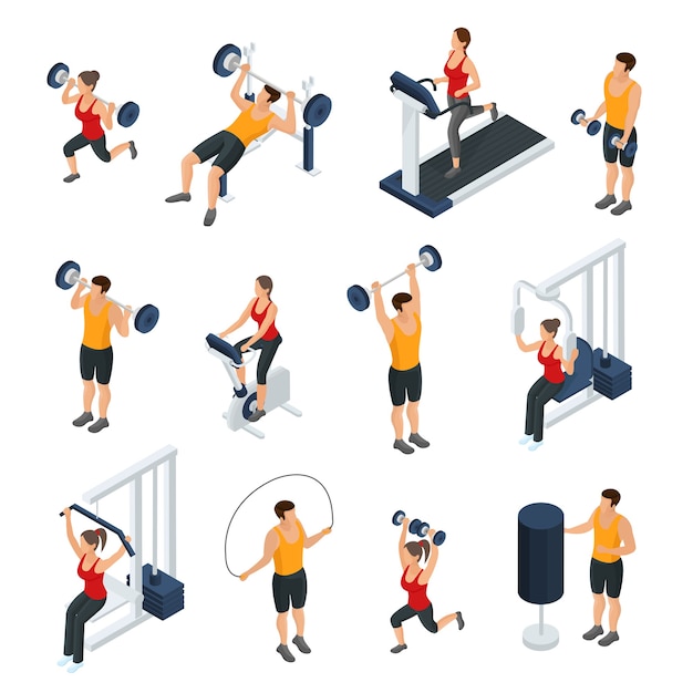 Free vector isometric people in gym collection
