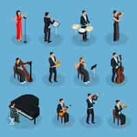 Free vector isometric people in orchestra collection with conductor singer and musicians playing different musical instruments isolated