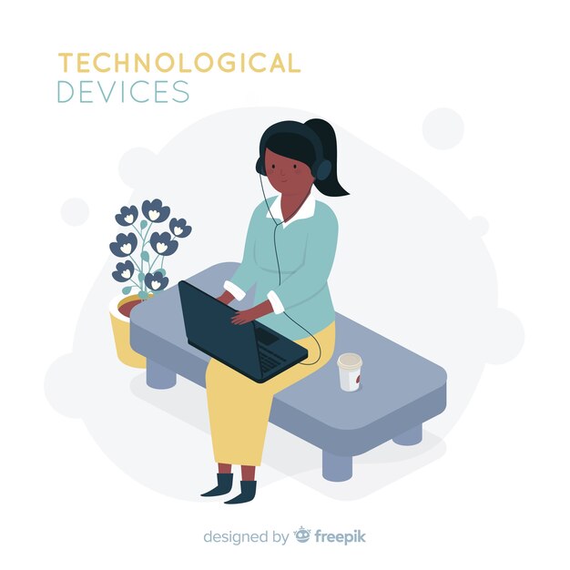 Isometric people using technological devices background