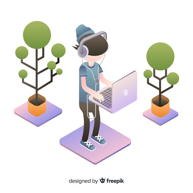 Isometric people using technological devices background