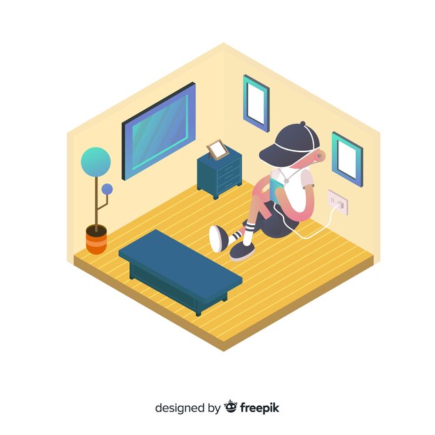 Isometric people using technological devices background