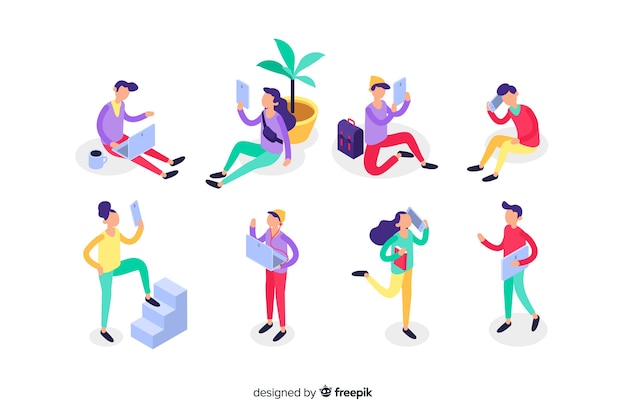 Free vector isometric people using technology devices