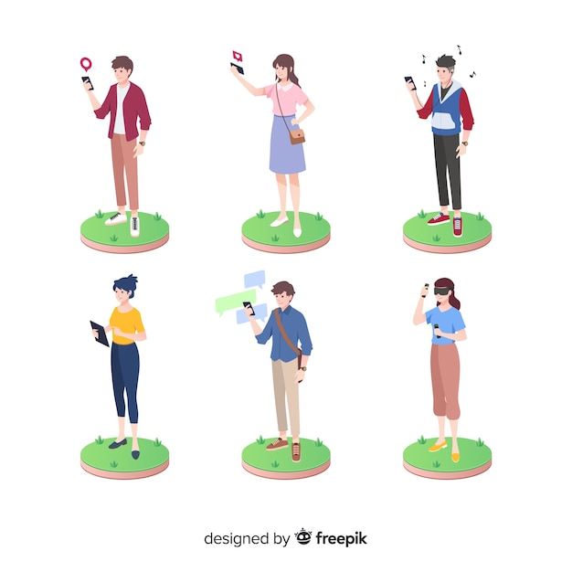 Free vector isometric people using technology devices