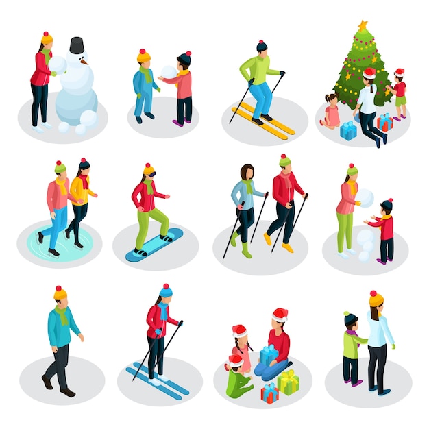 Isometric people on winter holidays set with parents and children involved in sport and other activities isolated