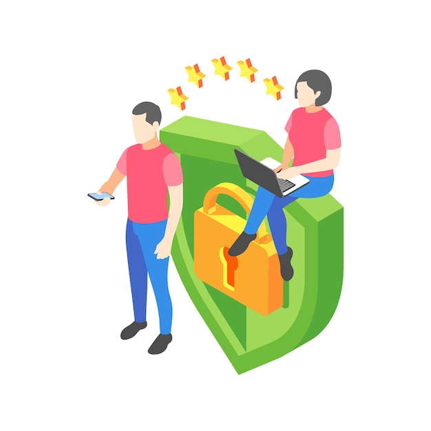 Isometric personal data protection illustration with shield lock characters 3d