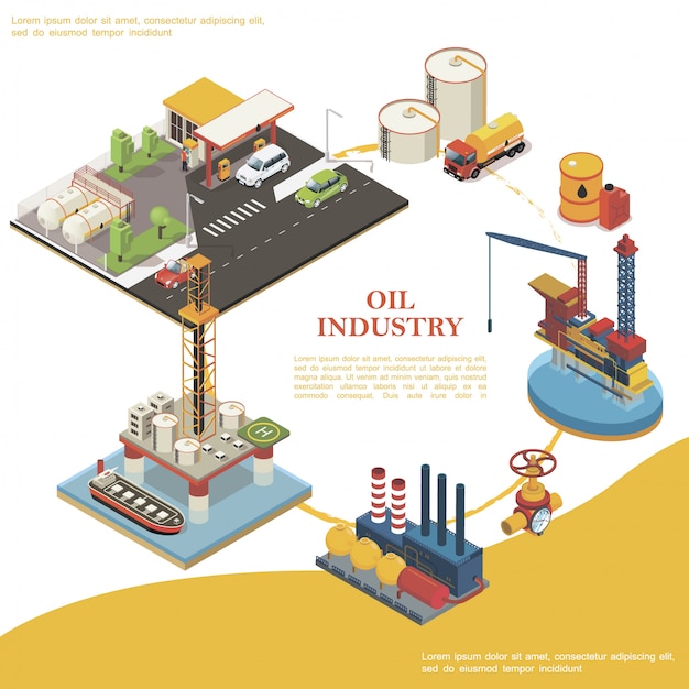 Isometric petroleum industry round template with gas station oil water platforms truck barrel canister cisterns refinery plant tanker pipeline and valve
