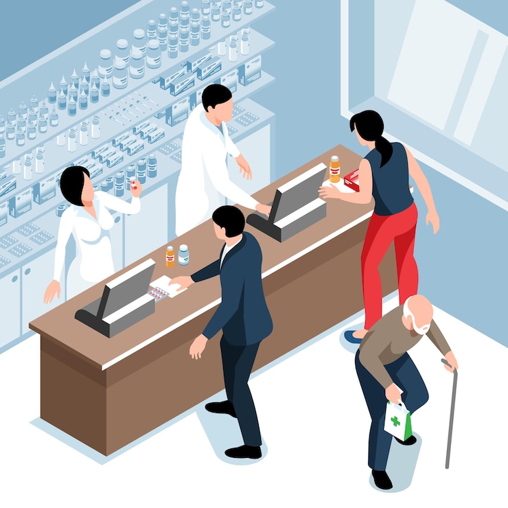 Free Vector isometric pharmacy composition with indoor view of apothecary store with pharmacists at counter and buyers visitors