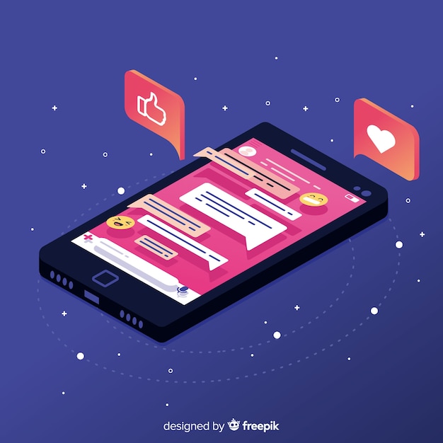 Isometric phone with colorful chat concept