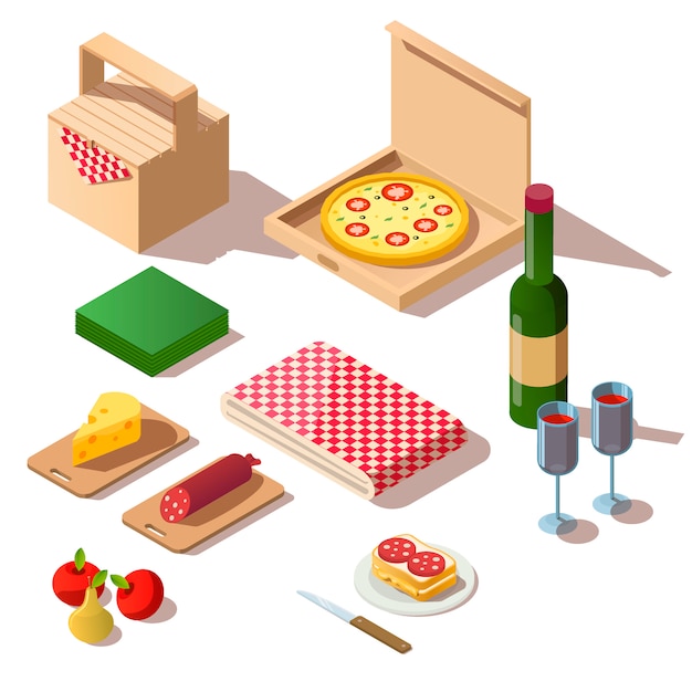 Isometric picnic set with pizza and wine
