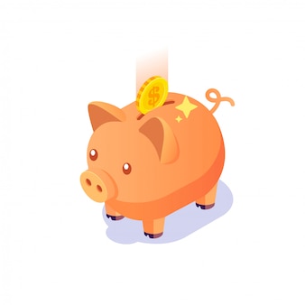 격리 된 흰 배경, 투자, 돼지 저금통, 저금통 아이콘으로 돈 개념을 절약에 동전 아이소 메트릭 저금통