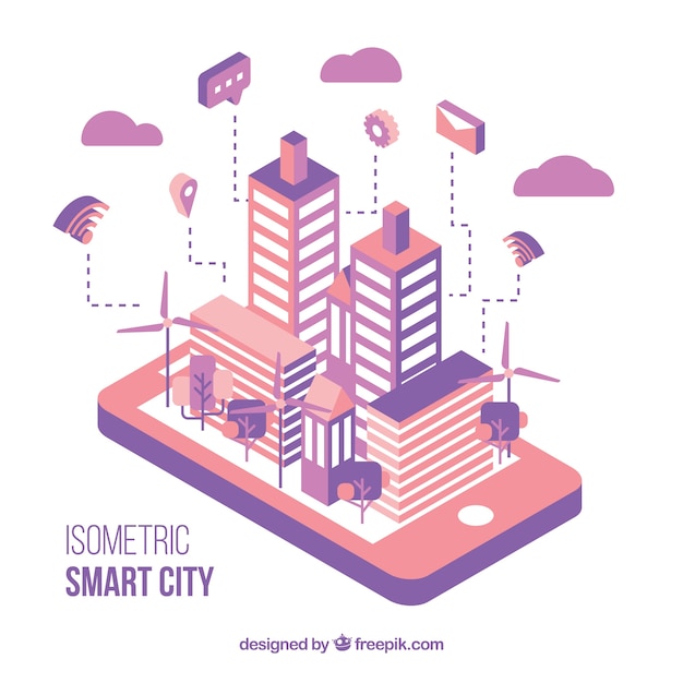 Бесплатное векторное изображение Изометрические розовый и фиолетовый современный город
