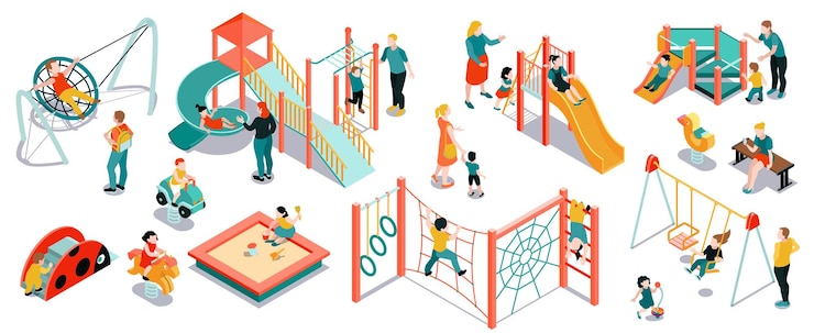 Free Vector isometric playground color set with isolated s and play equipment with children and parents