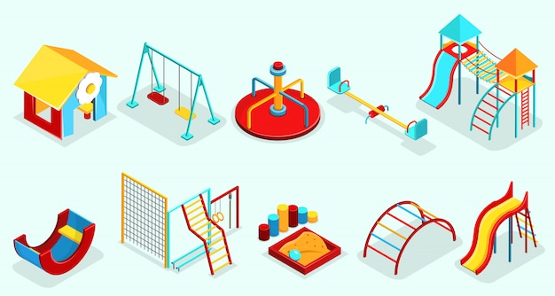 Elementi di parco giochi isometrici impostati con altalene ricreative sandbox caroselli diapositive sezioni sportive e attrazioni isolate