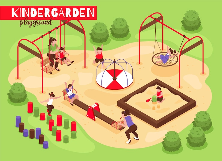 Free Vector isometric playground kindergarten composition with outdoor view of playing babies and kids with trees and bushes  illustration