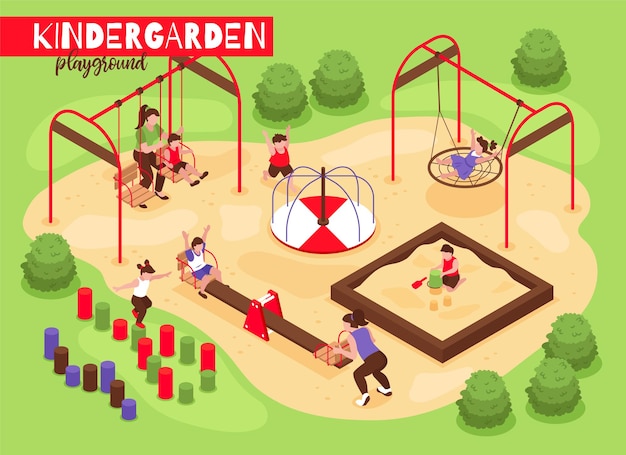 Isometric playground kindergarten composition with outdoor view of playing babies and kids with trees and bushes  illustration