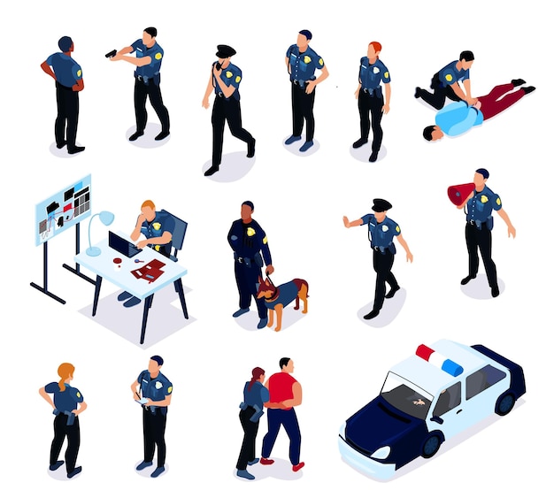 Isometric police color set of isolated icons with police officers criminals investigator characters and patrol car vector illustration