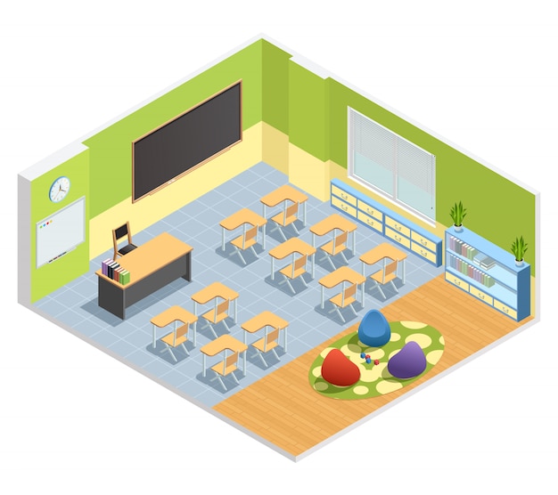 Isometric poster of classroom with chalkboard table for teacher students desks