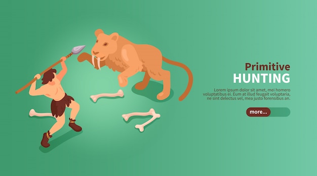 Isometric primitive people caveman banner with text slider button images of human and sabre toothed tiger  illustration