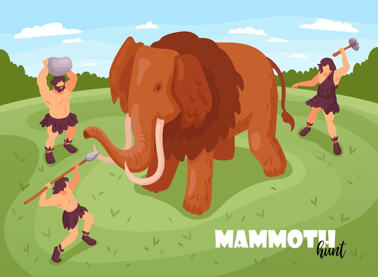 Free Vector isometric primitive people caveman hunting background composition with text and images of mammoth and ancient folks  illustration