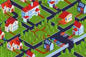 Free vector isometric private town houses horizontal composition with outdoor view of district with low-rise home buildings