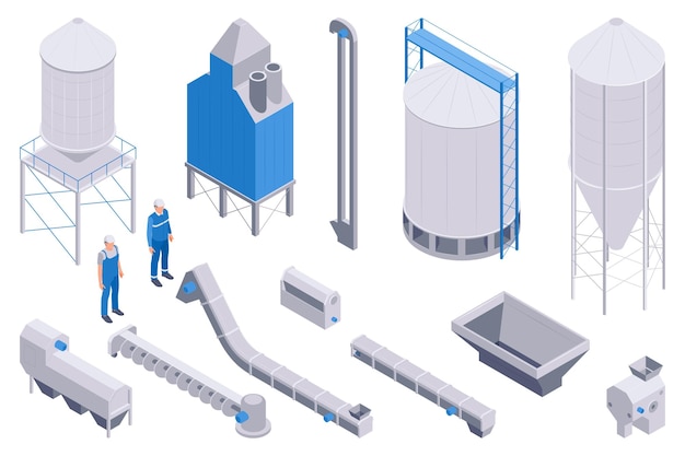 Vettore gratuito insieme isometrico dell'elevatore del grano di produzione delle icone isolate con i caratteri dei silos dei lavoratori e l'illustrazione di vettore della coclea