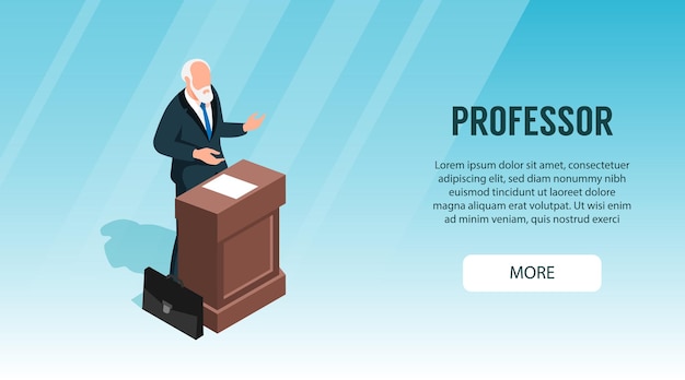 Isometric professor lecture class horizontal banner with character of senior teacher speaking at tribune with text