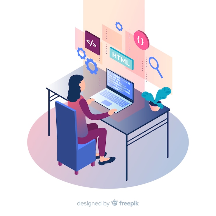 Free Vector isometric programmer working on desk