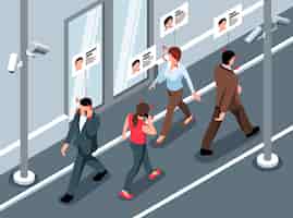 Бесплатное векторное изображение Изометрическая горизонтальная композиция общественной безопасности с персонажами идущих людей и камерами, распознающими их социальные профили.