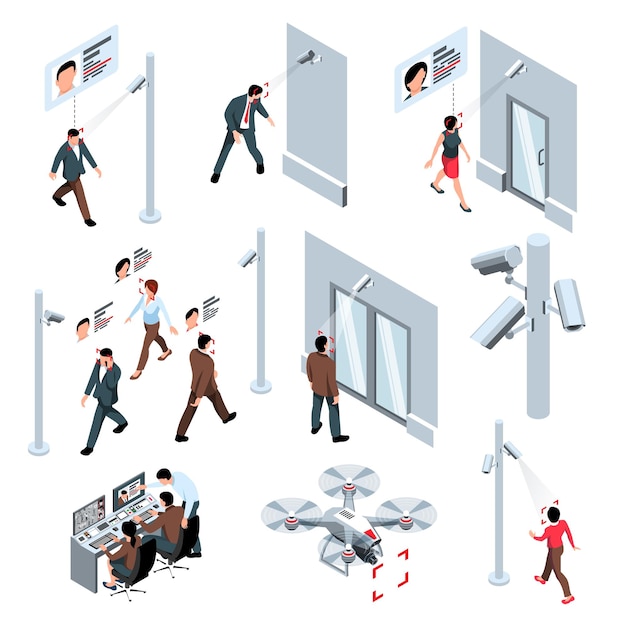 Free vector isometric public security recognition cctv technology set of isolated icons with flying drone cameras and people vector illustration