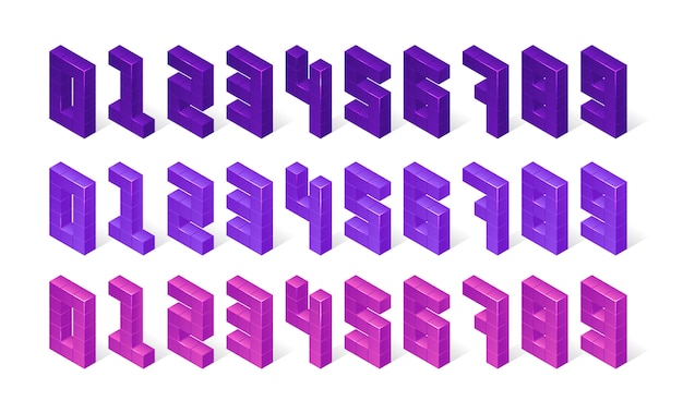 Free vector isometric purple numbers made of 3d cubes