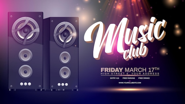 Isometric purple sound speakers horizontal poster with music club and date headline vector illustration