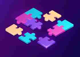 Free vector isometric puzzle pieces on purple background