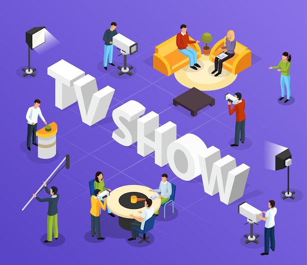 Free vector isometric quiz tv show composition with cumbersome text and human characters of television workers and guests