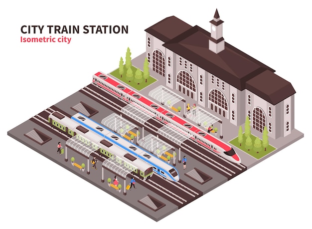 Isometric railway station composition with historical building of terminal illustration