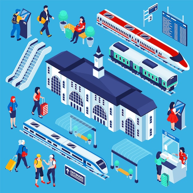 Бесплатное векторное изображение Изометрические железнодорожный вокзал набор изолированной железнодорожной сложной иллюстрации